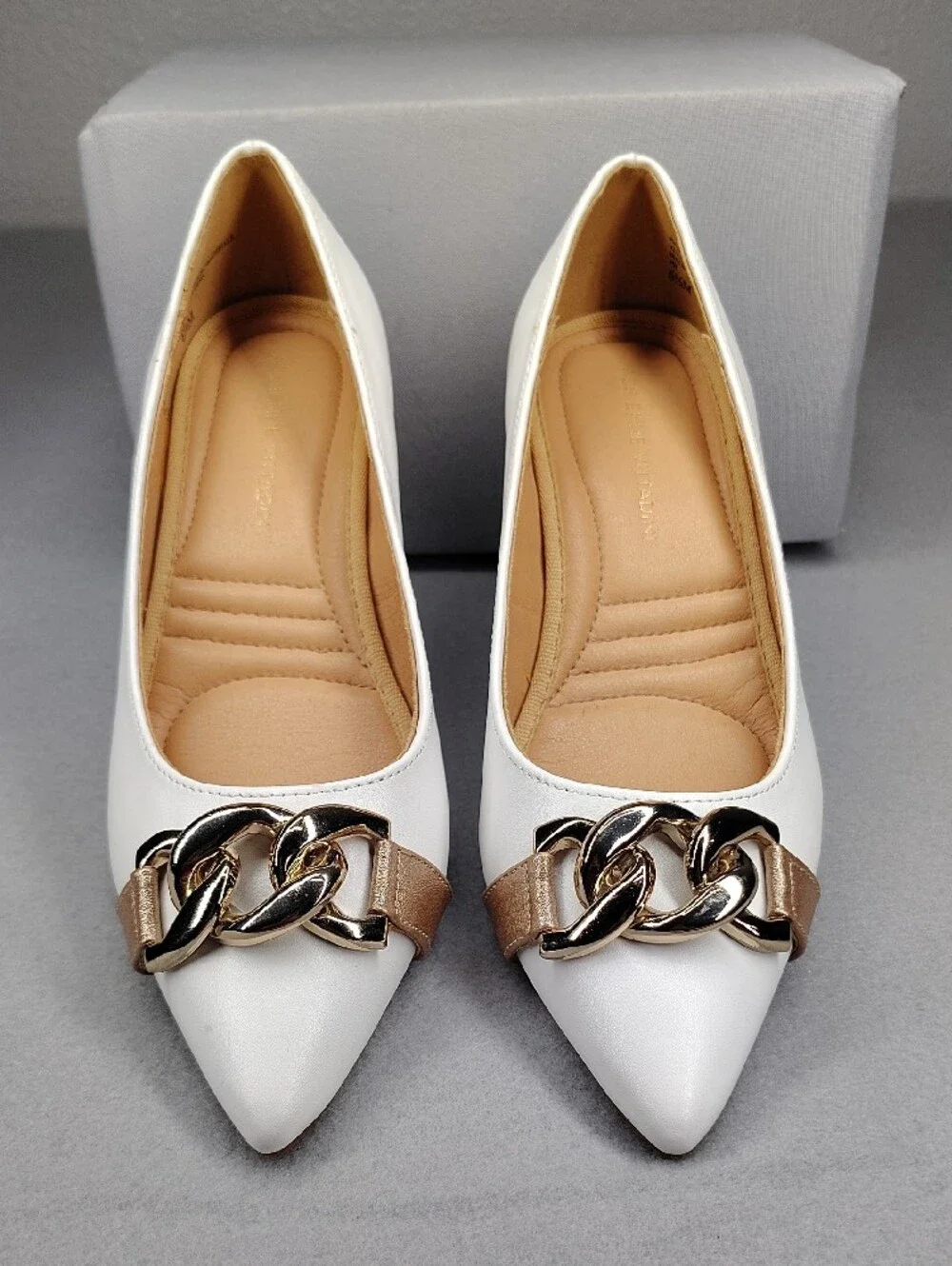 Adrienne Vittadini White Kitten Heels Rose Gold Accents Holding Gold Chain
